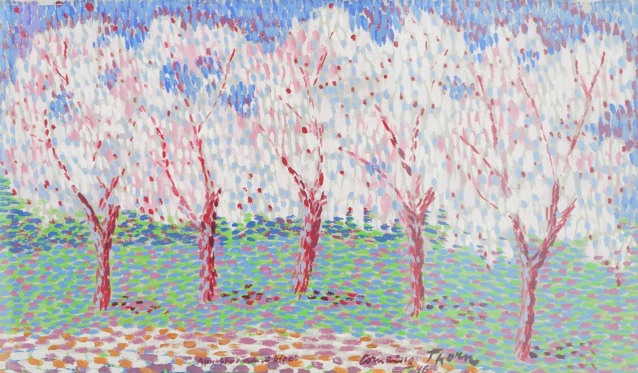 Corneille ('Corneille' Guillaume Beverloo)   | Corneille ('Corneille' Guillaume Beverloo) | Aquarelle und Zeichnungen zum Verkauf angeboten | Apfelbäume in Blüte, Thorn, Gouache auf Papier 43,5 x 76,9 cm, Unterzeichnet u.m. und datiert '46