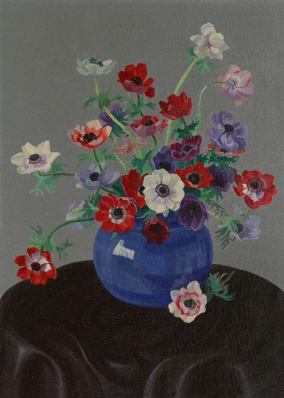 Smorenberg D.  | Dirk Smorenberg | Gemälde zum Verkauf angeboten | Anemonen in einer leuchtend blauer Vase, Öl auf Leinwand 70,5 x 50,5 cm, Unterzeichnet u.r.