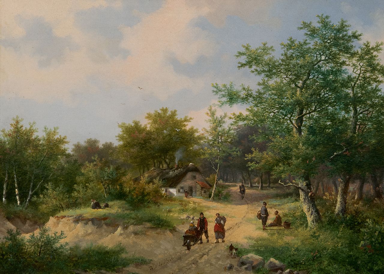 Koekkoek P.H.  | Pieter Hendrik 'H.P.' Koekkoek | Gemälde zum Verkauf angeboten | Bauern auf einer Landstraße, Öl auf Holz 26,8 x 37,2 cm, Unterzeichnet M.u.