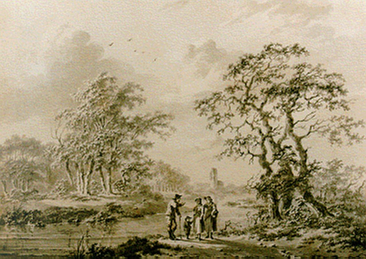 Koekkoek B.C.  | Barend Cornelis Koekkoek, Extensive wooded landscape with figures on a path, Sepia auf Papier 12,5 x 17,8 cm, Unterzeichnet r.u. und datiert 1838