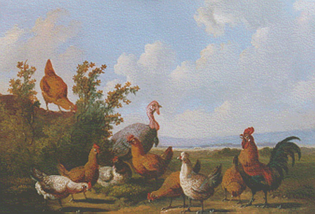 Verhoesen A.  | Albertus Verhoesen, Poultry in a landscape, Öl auf Holz 14,4 x 19,1 cm, signed l.l. und dated 1880