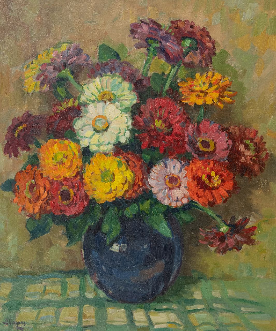 Viegers B.P.  | Bernardus Petrus 'Ben' Viegers | Gemälde zum Verkauf angeboten | Zinnien in einer blauen Vase, Öl auf Leinwand 60,3 x 50,4 cm, Unterzeichnet l.u.