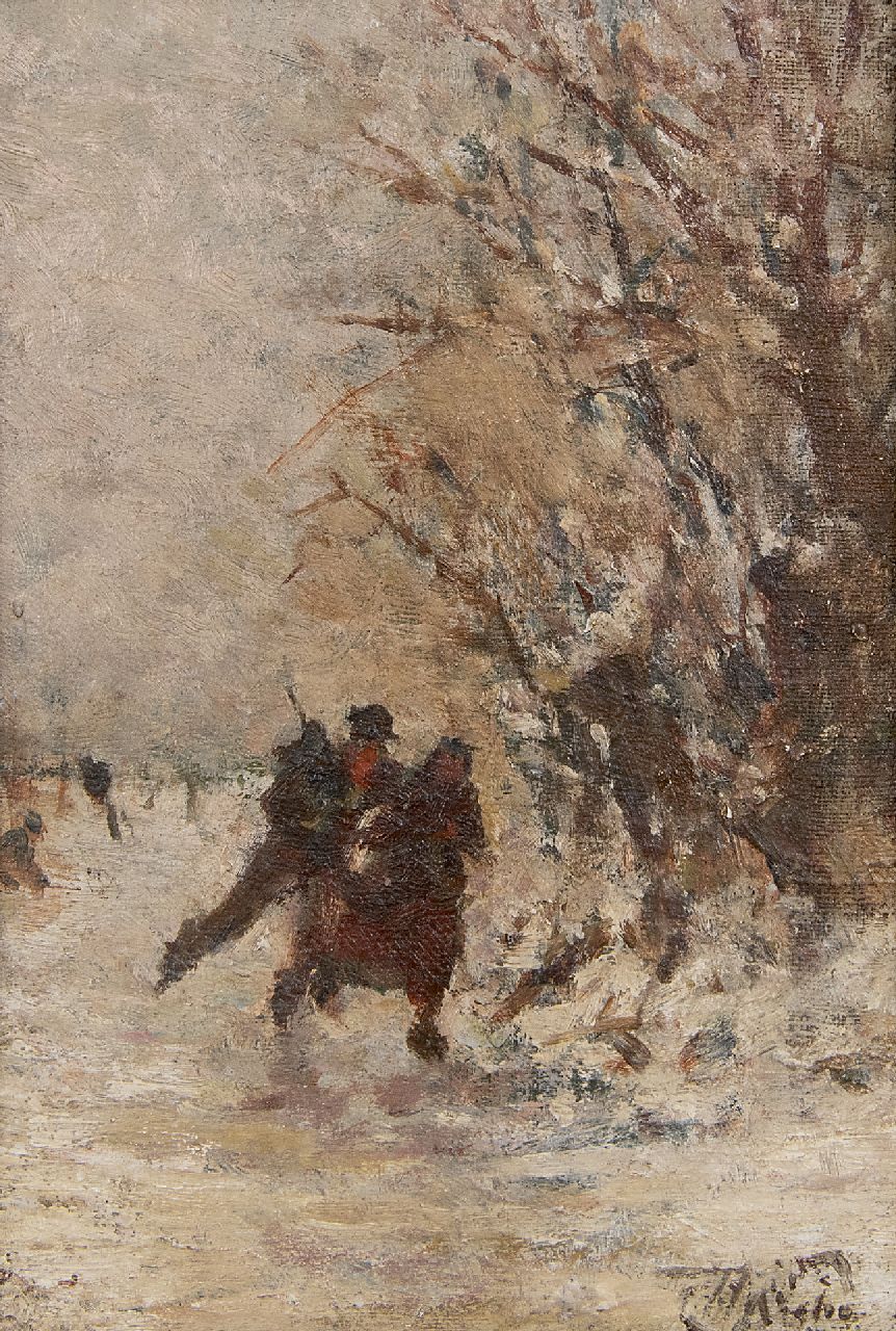 Seben H. van | Henri van Seben | Gemälde zum Verkauf angeboten | Eisläuferpaar in einer Winterlandschaft, Öl auf Leinwand auf Holz 17,4 x 11,7 cm, Unterzeichnet u.r.