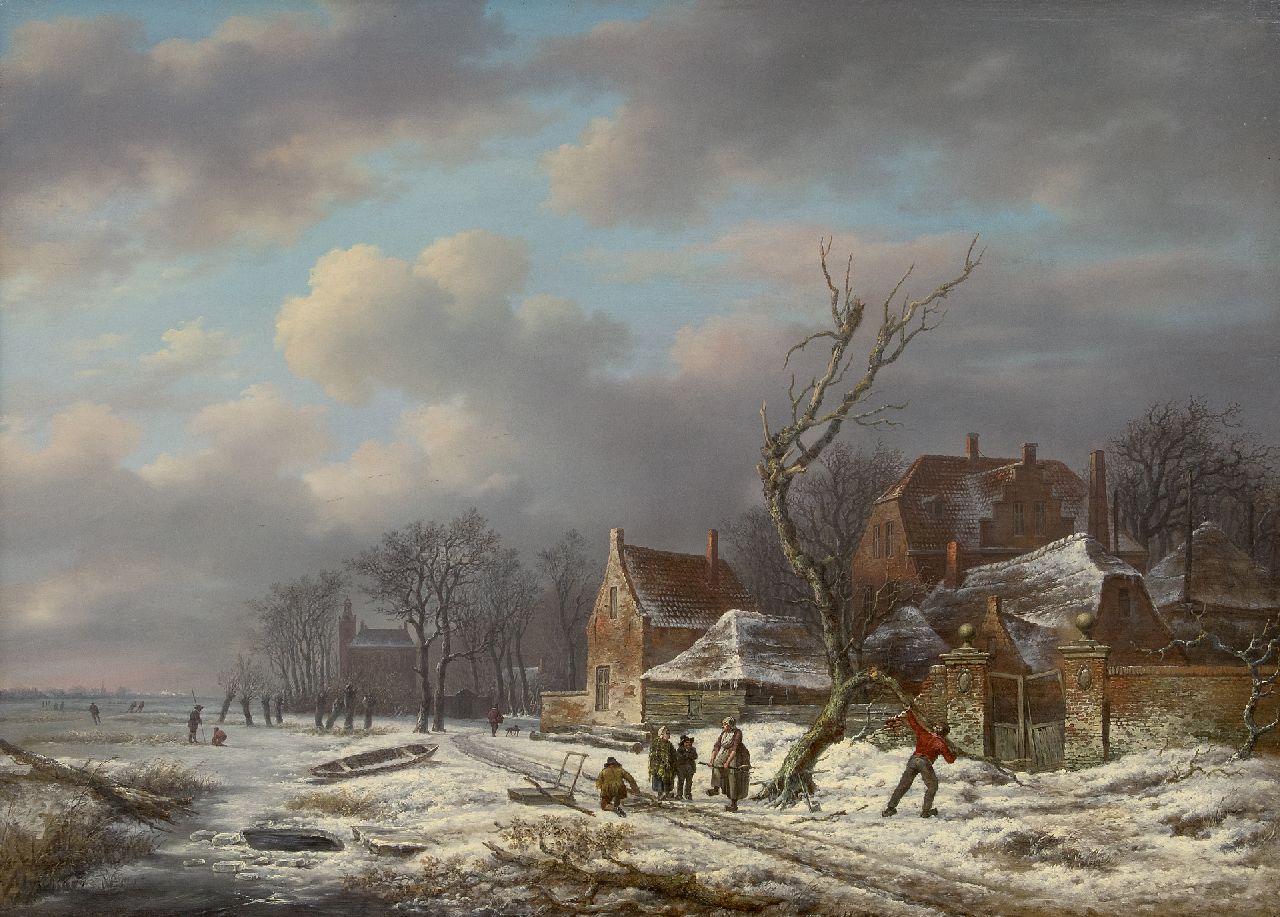 Schelfhout A.  | Andreas Schelfhout, Winterlandschaft mit Holzsammlern (Gegenstück vom Sommerlandschaft), Öl auf Holz 53,0 x 72,6 cm, Unterzeichnet u.r. (mit Signaturresten) und zu datieren um 1815