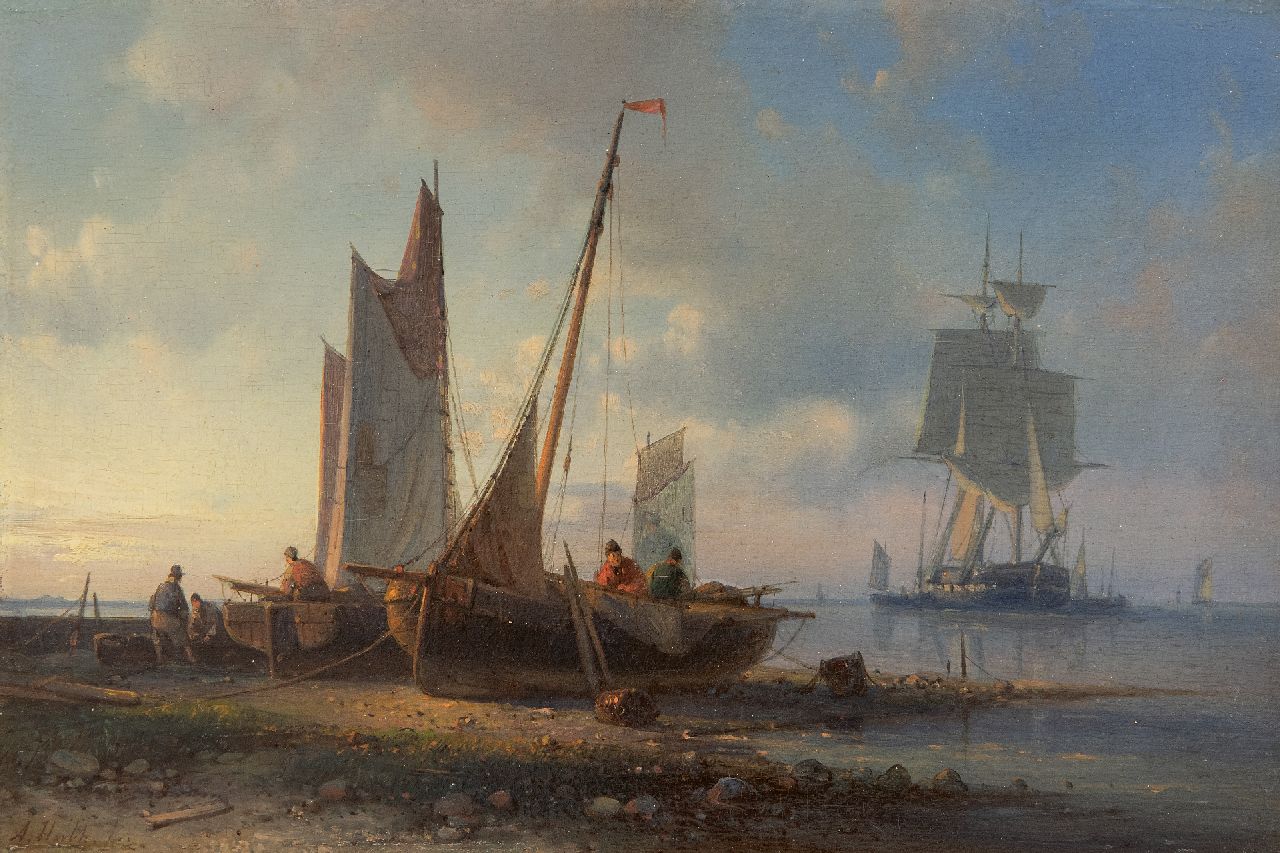 Hulk A.  | Abraham Hulk | Gemälde zum Verkauf angeboten | Küstenlandschaft mit einem vor Anker liegenden Fregatten, Öl auf Holz 16,4 x 24,4 cm, Unterzeichnet u.l.