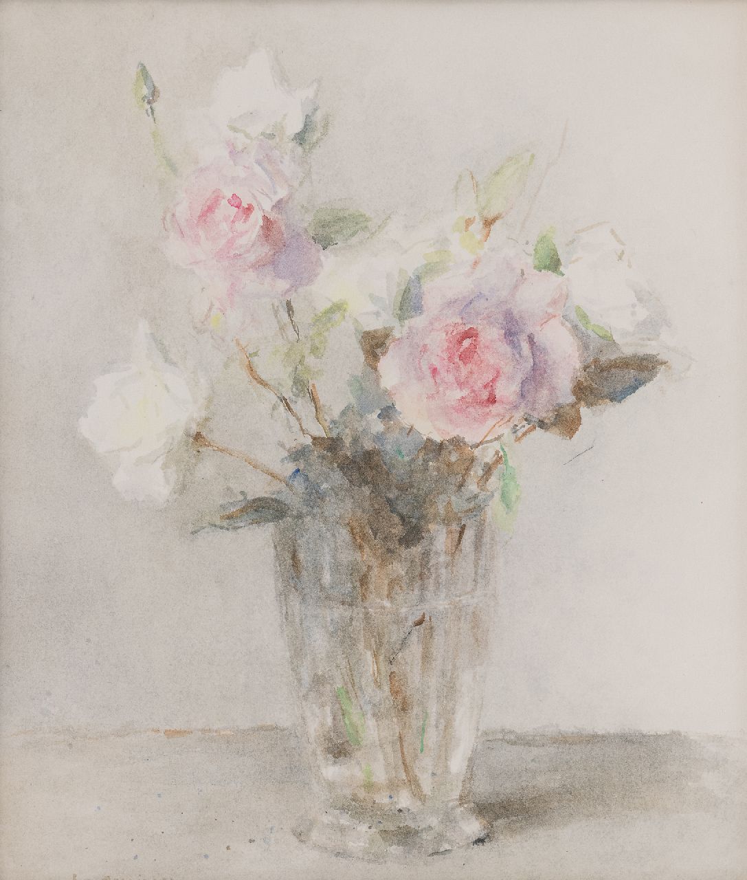 Groningen L. van | Lucie 'Loes' van Groningen | Aquarelle und Zeichnungen zum Verkauf angeboten | Rosen in einer Glasvase, Aquarell auf Papier 44,0 x 36,2 cm, gesigneerd linksonder