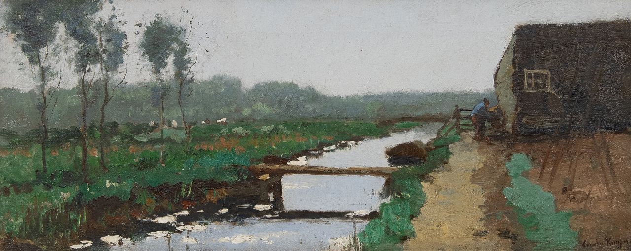 Kuijpers C. | Cornelis Kuijpers | Gemälde zum Verkauf angeboten | Landscape with a farmer and a farm shed by a ditch, Öl auf Leinwand 24,6 x 57,8 cm, Unterzeichnet u.r. Kuijpers C. | Cornelis Kuijpers | Gemälde zum Verkauf angeboten | Landscape with a farmer and a farm shed by a ditch, Öl auf Leinwand 24,6 x 57,8 cm, Unterzeichnet u.r.