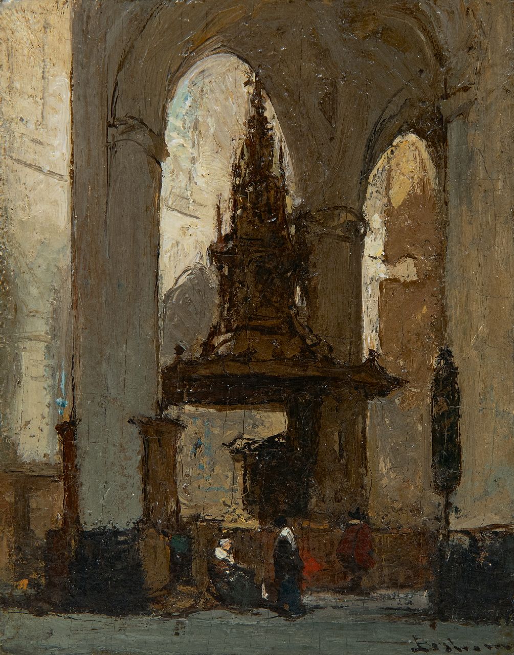 Bosboom J.  | Johannes Bosboom | Gemälde zum Verkauf angeboten | Innenraum der Nieuwe Kerk in Amsterdam, Öl auf Holz 13,8 x 11,0 cm, Unterzeichnet u.r.