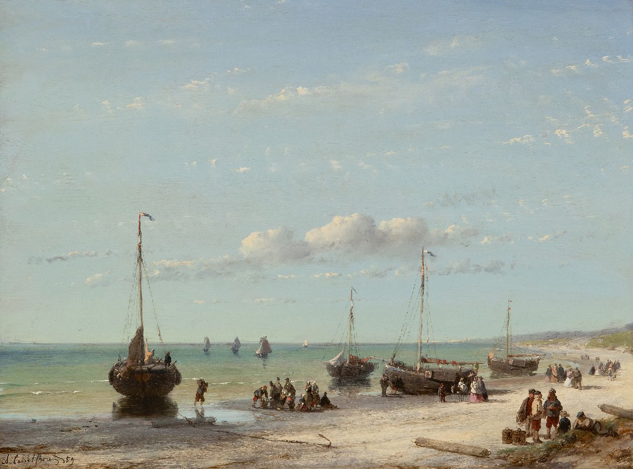 Schelfhout A.  | Andreas Schelfhout, Strandszene mit Schiffen, Fischern und eleganten Spaziergängern, Öl auf Holz 32,1 x 43,0 cm, Unterzeichnet u.l. und datiert '59