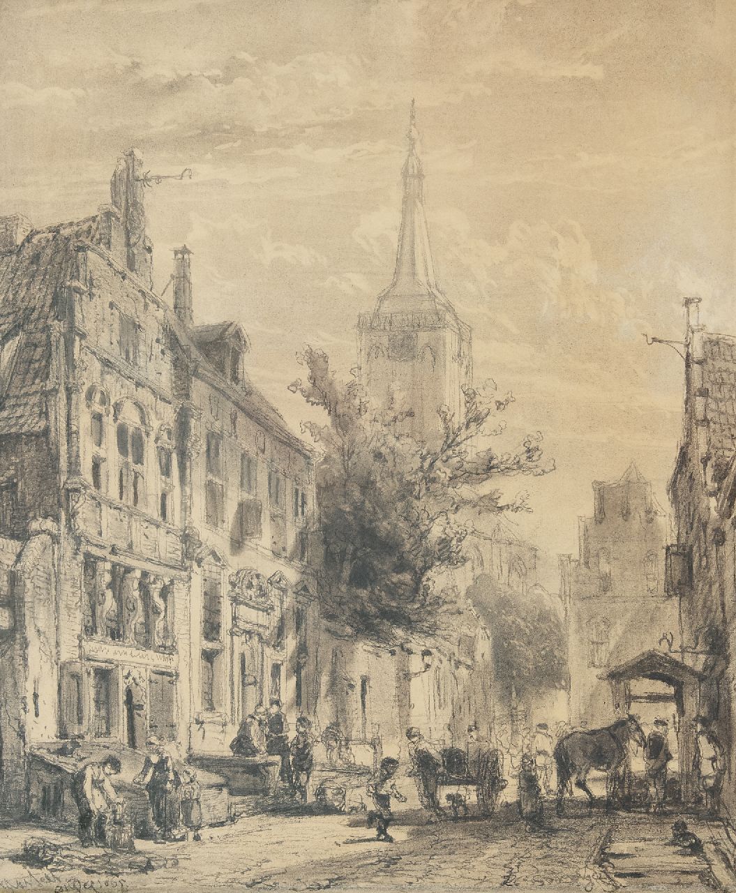 Springer C. | Cornelis Springer | Aquarelle und Zeichnungen zum Verkauf angeboten | Blick auf die Nieuwstraat in Hasselt, Overijssel, Holzkohle auf Papier 61,1 x 51,0 cm, Unterzeichnet u.r. und datiert Hasselt April 1863 Springer C. | Cornelis Springer | Aquarelle und Zeichnungen zum Verkauf angeboten | Blick auf die Nieuwstraat in Hasselt, Overijssel, Holzkohle auf Papier 61,1 x 51,0 cm, Unterzeichnet u.r. und datiert Hasselt April 1863
