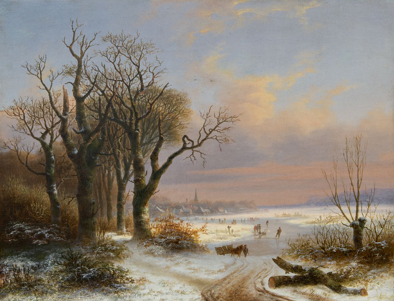 Vijver W.S.P. van der | Willem Simon Petrus van der Vijver | Gemälde zum Verkauf angeboten | Winterlandschaft mit Eisläufern vor einer kleinen Stadt, Öl auf Leinwand 48,8 x 62,5 cm, Unterzeichnet u.r. und datiert 1854