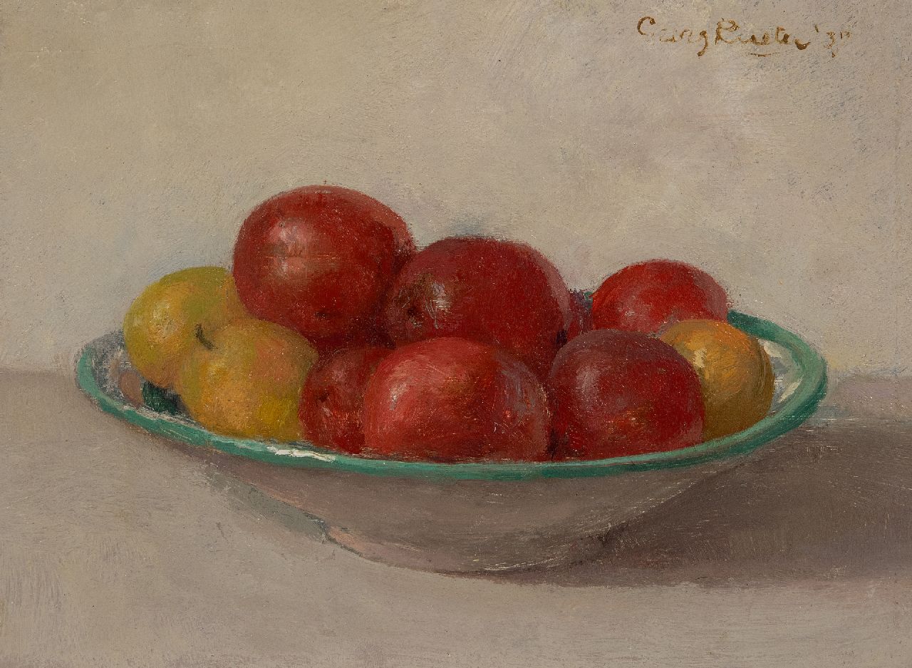 Rueter W.C.G.  | Wilhelm Christian 'Georg' Rueter | Gemälde zum Verkauf angeboten | Stillleben mit Obst auf einer Schale, Öl auf Holz 17,6 x 23,3 cm, Unterzeichnet o.r. und datiert '37, ohne Rahmen