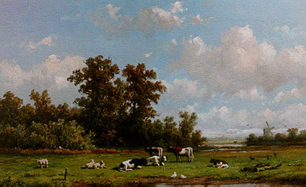 Wijngaerdt A.J. van | Anthonie Jacobus van Wijngaerdt, Cattle and ducks in a summer landscape, Öl auf Holz 23,6 x 36,0 cm, signed l.r.