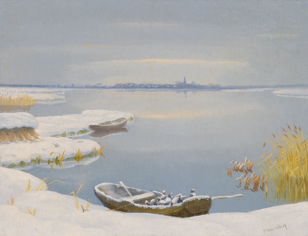 Smorenberg D.  | Dirk Smorenberg | Gemälde zum Verkauf angeboten | Winterliches Gesicht bei Loosdrecht mit Entenfamilie im Boot, Öl auf Holzfaser 30,3 x 39,5 cm, Unterzeichnet u.r.