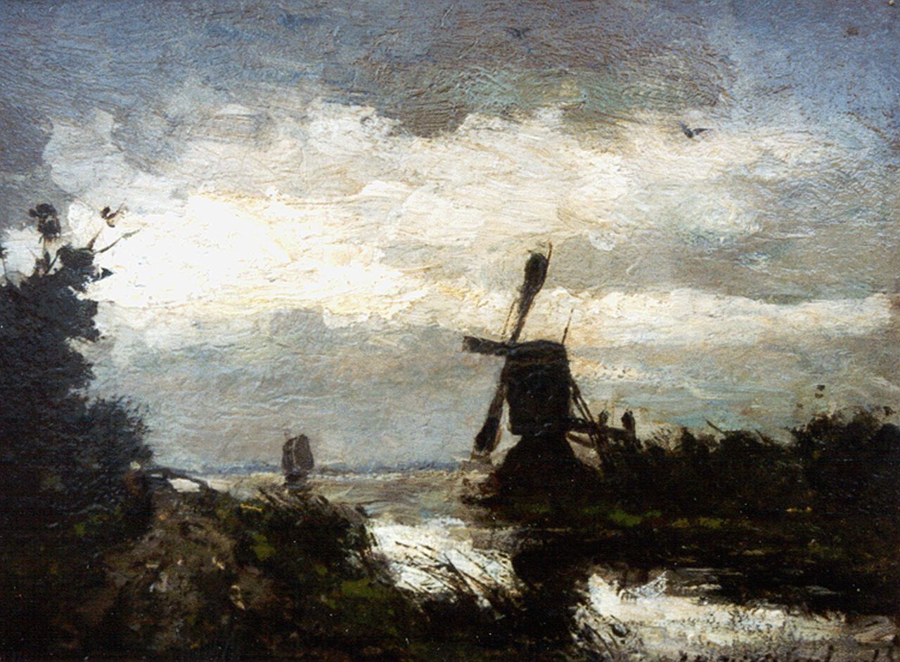 Weissenbruch H.J.  | Hendrik Johannes 'J.H.' Weissenbruch | Gemälde zum Verkauf angeboten | A landscape with windmill, Öl auf Holz 18,5 x 24,5 cm, signed l.r.