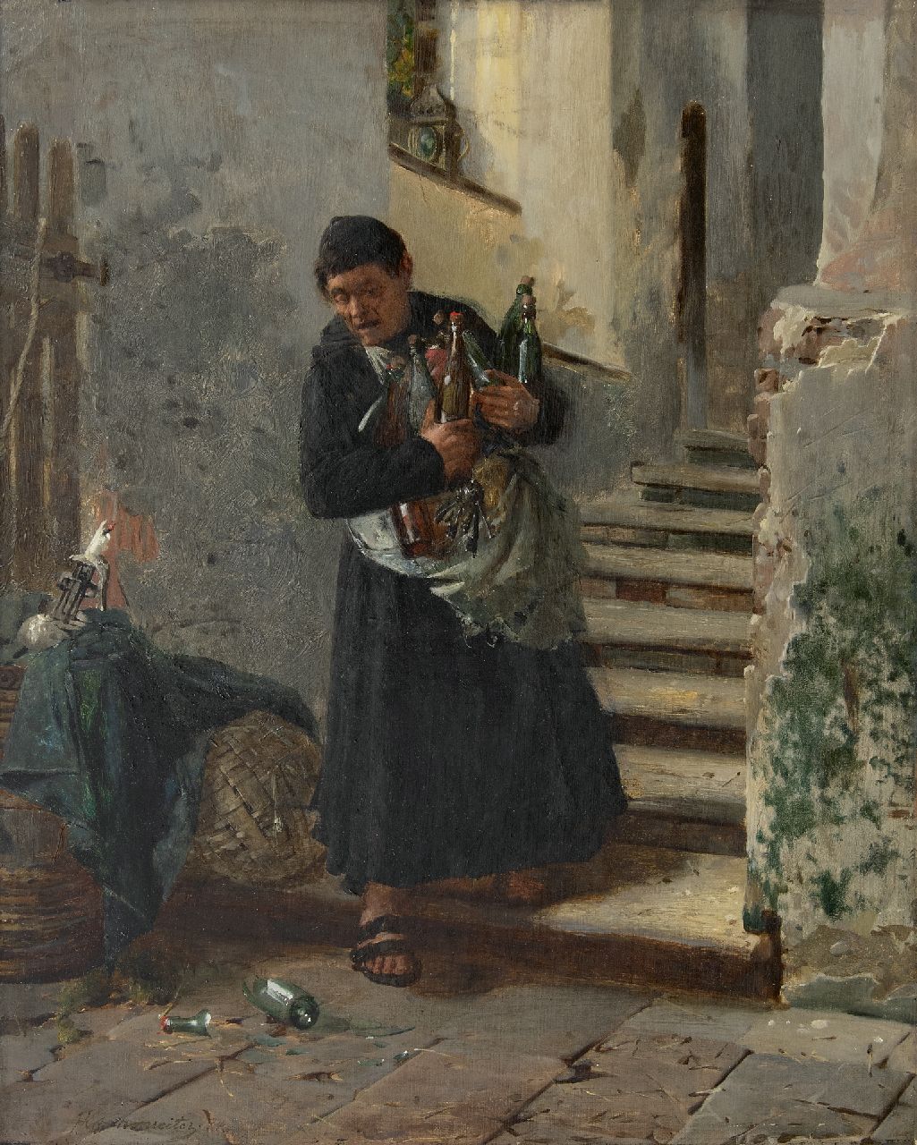 Kotschenreiter J.H.G.G.  | Johann 'Hugo' Georg Gottlieb Kotschenreiter | Gemälde zum Verkauf angeboten | Die Auffüllung des Weinvorrats, Öl auf Leinwand 54,0 x 43,5 cm, Unterzeichnet u.l. und datiert '74