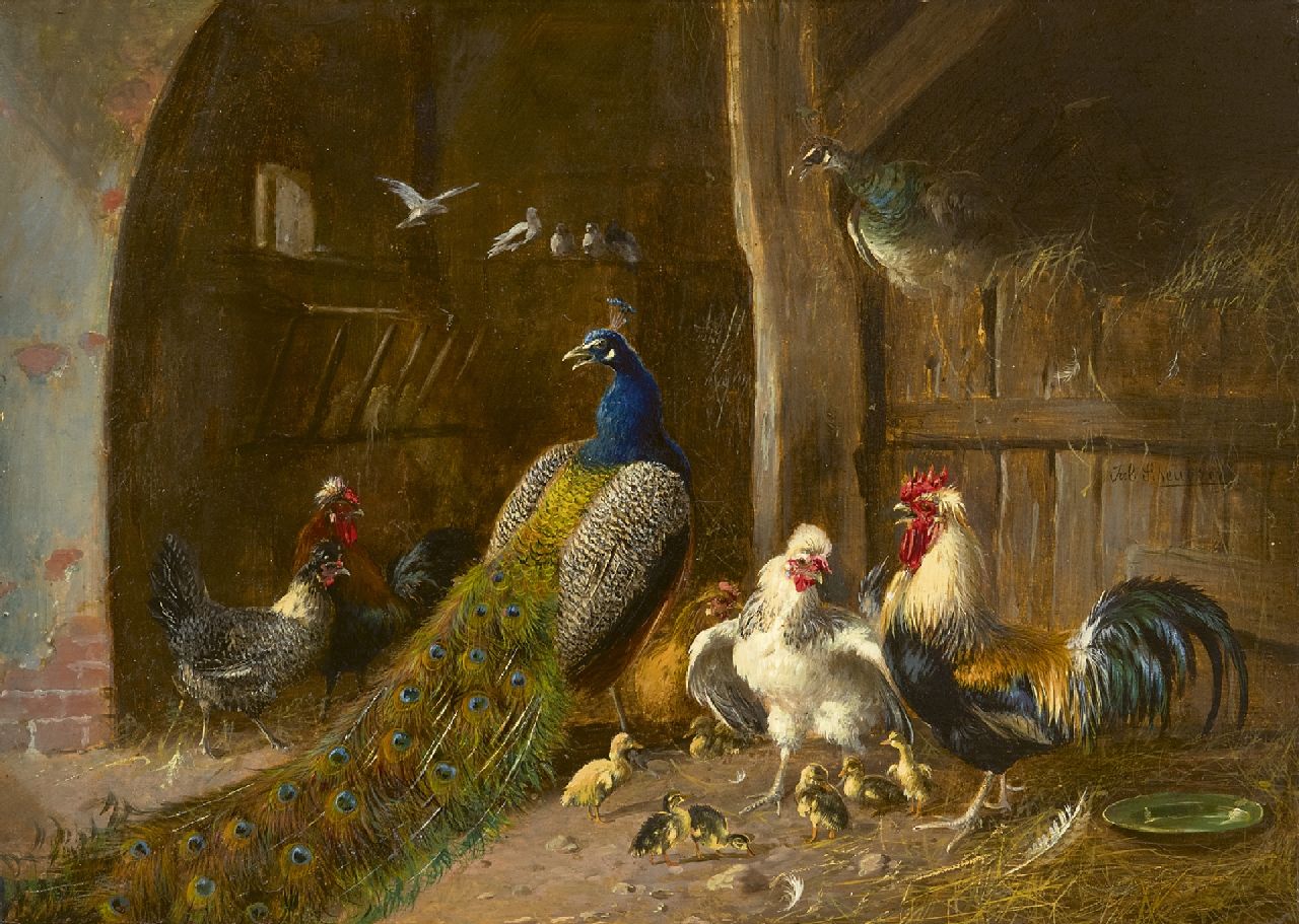 Scheuerer J. | Julius Scheuerer | Gemälde zum Verkauf angeboten | Pfauen mit Hahn und Hühnern in der Scheune, Öl auf Holz 22,2 x 31,1 cm, Unterzeichnet M.r Scheuerer J. | Julius Scheuerer | Gemälde zum Verkauf angeboten | Pfauen mit Hahn und Hühnern in der Scheune, Öl auf Holz 22,2 x 31,1 cm, Unterzeichnet M.r
