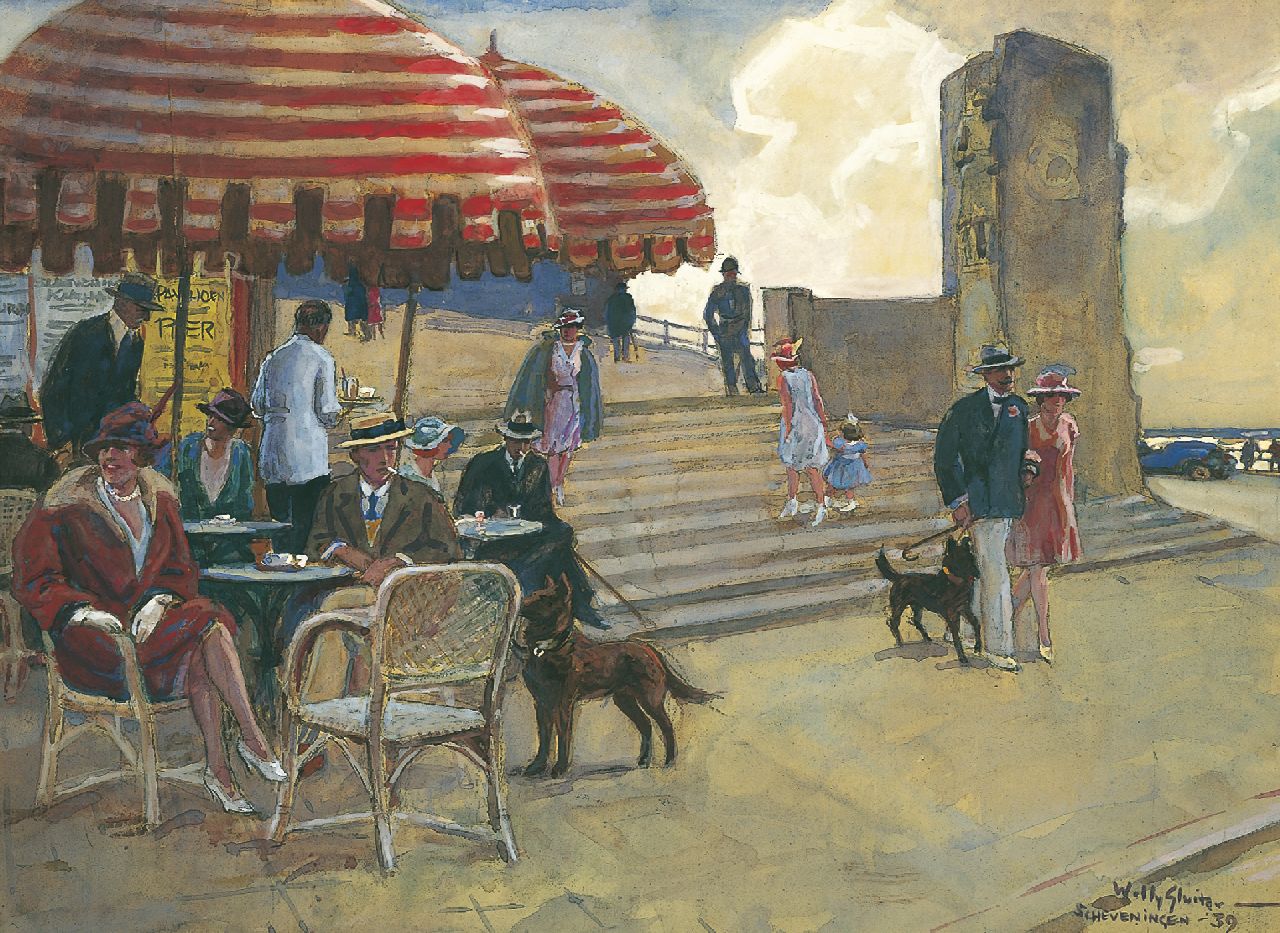 Sluiter J.W.  | Jan Willem 'Willy' Sluiter | Aquarelle und Zeichnungen zum Verkauf angeboten | Terrace, Scheveningen, Aquarell und Gouache auf Papier 47,5 x 64,5 cm, signed l.r. und dated '39
