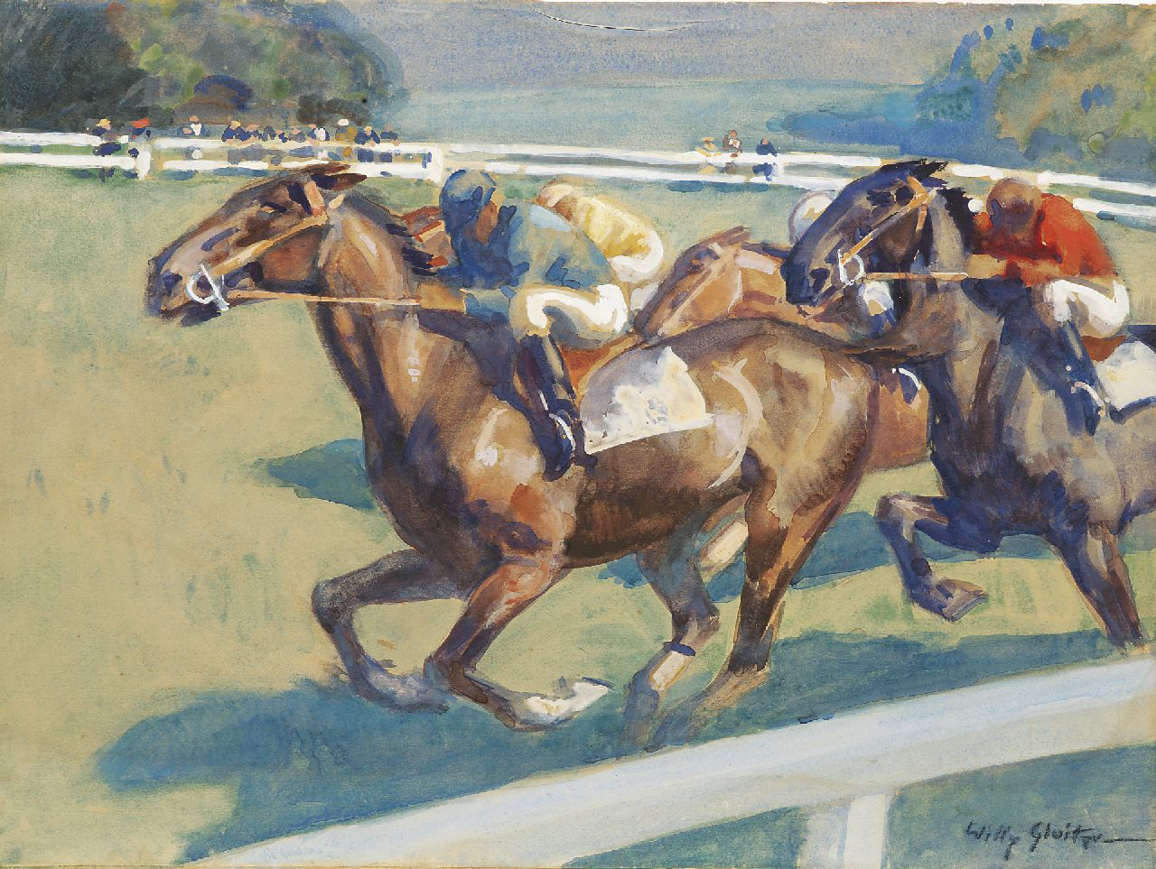 Sluiter J.W.  | Jan Willem 'Willy' Sluiter | Aquarelle und Zeichnungen zum Verkauf angeboten | The horserace, Aquarell und Gouache auf Papier 48,4 x 64,7 cm, signed l.r.