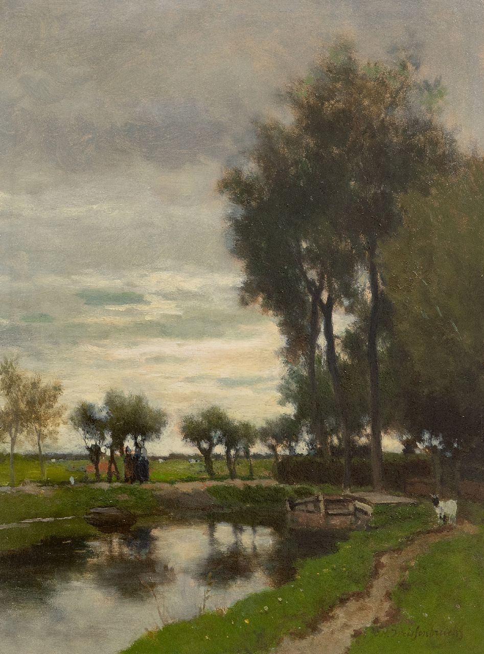 Weissenbruch H.J.  | Hendrik Johannes 'J.H.' Weissenbruch | Gemälde zum Verkauf angeboten | Am Wasser entlang spazieren, Öl auf Holz 41,0 x 30,4 cm, Unterzeichnet u.r. und datiert im Verso 1882