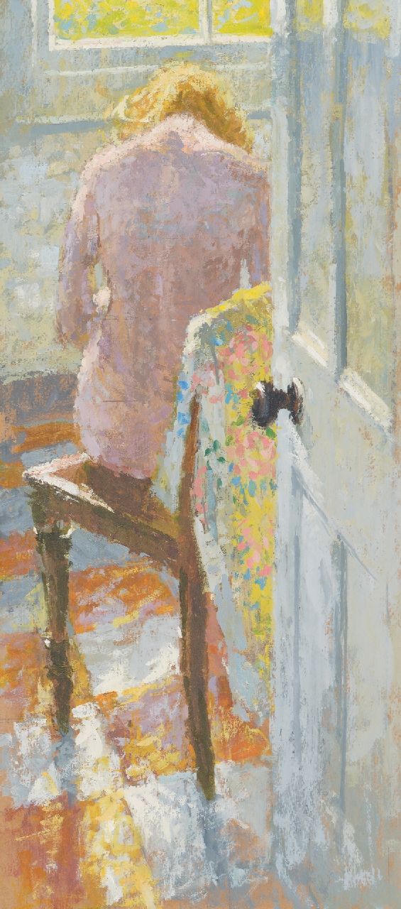 Ray S.  | Stuart Ray | Gemälde zum Verkauf angeboten | Nackt sitzend in der Morgensonne, Öl auf Holzfaser 52,1 x 23,9 cm, Unterzeichnet auf der Rückseite des Rahmens