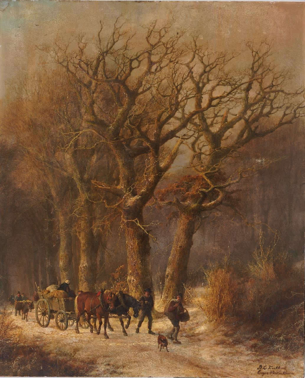 Klombeck/Verboeckhoven J.B./E.J.  | Johann Bernard/Eugène Joseph Klombeck/Verboeckhoven | Gemälde zum Verkauf angeboten | Winterwaldlandschaft mit Figuren und Vieh, Öl auf Holz 59,5 x 48,8 cm, Unterzeichnet u.r. von Klombeck