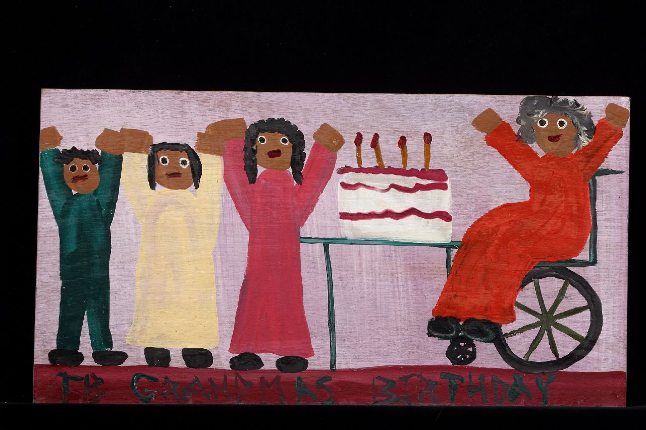 Brown T.  | Timothy 'Tim' Brown, Grandmas birthday, Acryl auf Holz 28,3 x 53,1 cm, Unterzeichnet u.l. mit Initialen und ca 1995