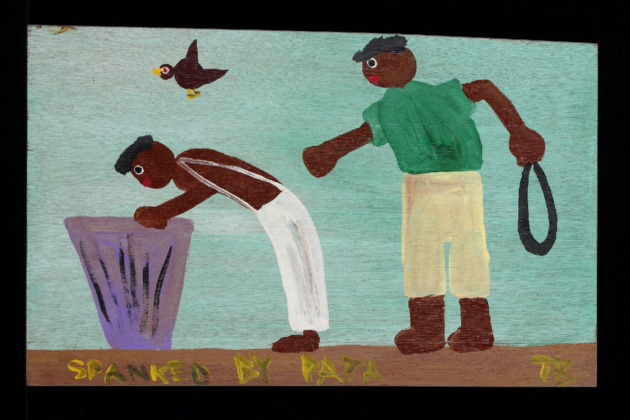 Brown T.  | Timothy 'Tim' Brown, Spanked by papa, Acryl auf Holz 34,4 x 55,5 cm, Unterzeichnet u.r. mit Initialen und ca 1995