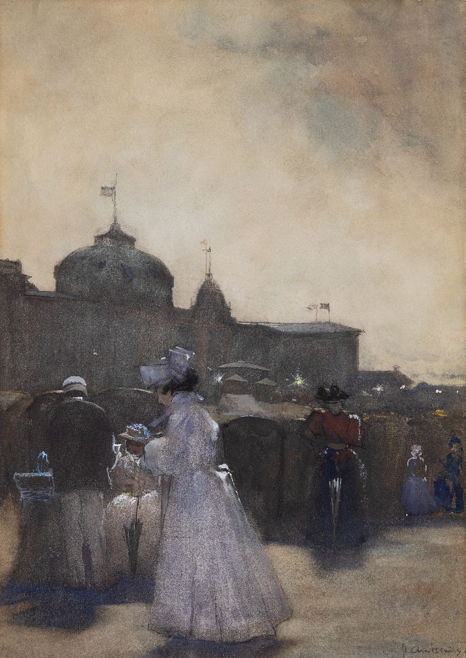 Arntzenius P.F.N.J. | Pieter Florentius Nicolaas Jacobus 'Floris' Arntzenius | Aquarelle und Zeichnungen zum Verkauf angeboten | Sommergäste beim Kurhaus in Scheveningen in der Abenddämmerung, Kreide, Aquarell und Gouache auf Papier 43,8 x 30,8 cm, Unterzeichnet u.r. Arntzenius P.F.N.J. | Pieter Florentius Nicolaas Jacobus 'Floris' Arntzenius | Aquarelle und Zeichnungen zum Verkauf angeboten | Sommergäste beim Kurhaus in Scheveningen in der Abenddämmerung, Kreide, Aquarell und Gouache auf Papier 43,8 x 30,8 cm, Unterzeichnet u.r.