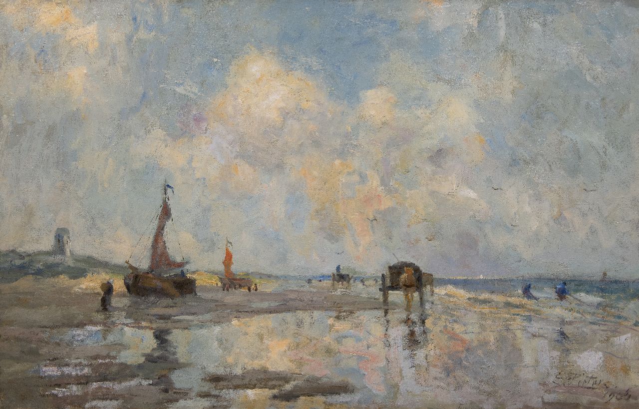 Pieters E.  | Evert Pieters, Strand bei Katwijk mit Bomschuiten und Muschelfischern, Öl auf Leinwand 85,5 x 130,2 cm, Unterzeichnet u.r. und datiert 1906