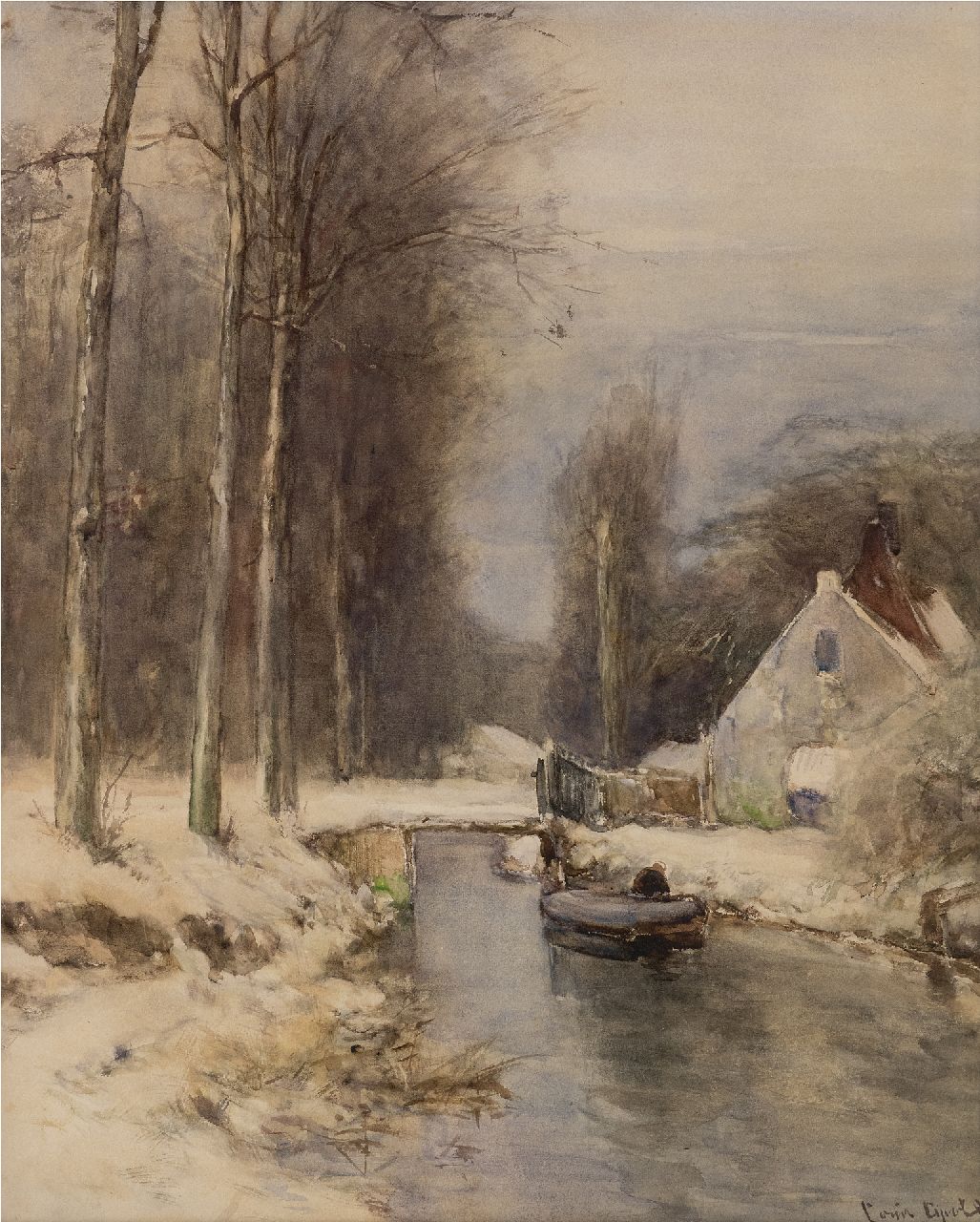 Apol L.F.H.  | Lodewijk Franciscus Hendrik 'Louis' Apol | Aquarelle und Zeichnungen zum Verkauf angeboten | Häuschen am beschneiten Kanal, Gouache auf Papier 58,0 x 47,0 cm, Unterzeichnet u.r.