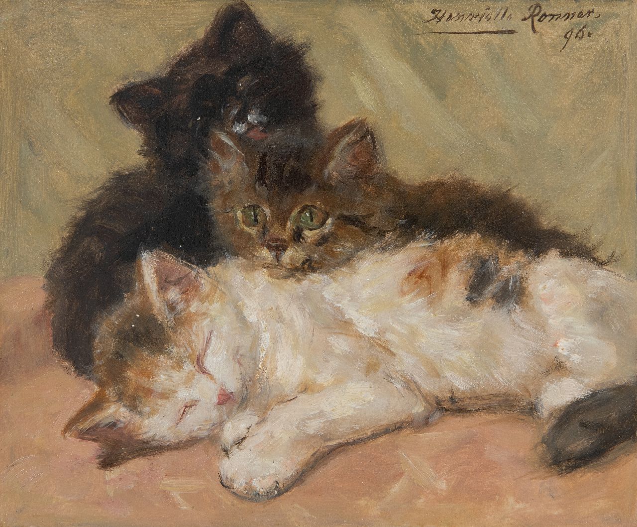 Ronner-Knip H.  | Henriette Ronner-Knip, Drie Kätzchen, Öl auf Papier auf Holz 19,0 x 22,5 cm, Unterzeichnet o.r. und datiert '96