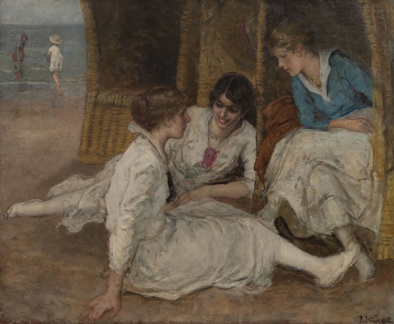 Browne R.I.  | Robert Ives Browne | Gemälde zum Verkauf angeboten | Vertraulichkeiten am Strand, Öl auf Leinwand 52,3 x 64,2 cm, Unterzeichnet u.r.