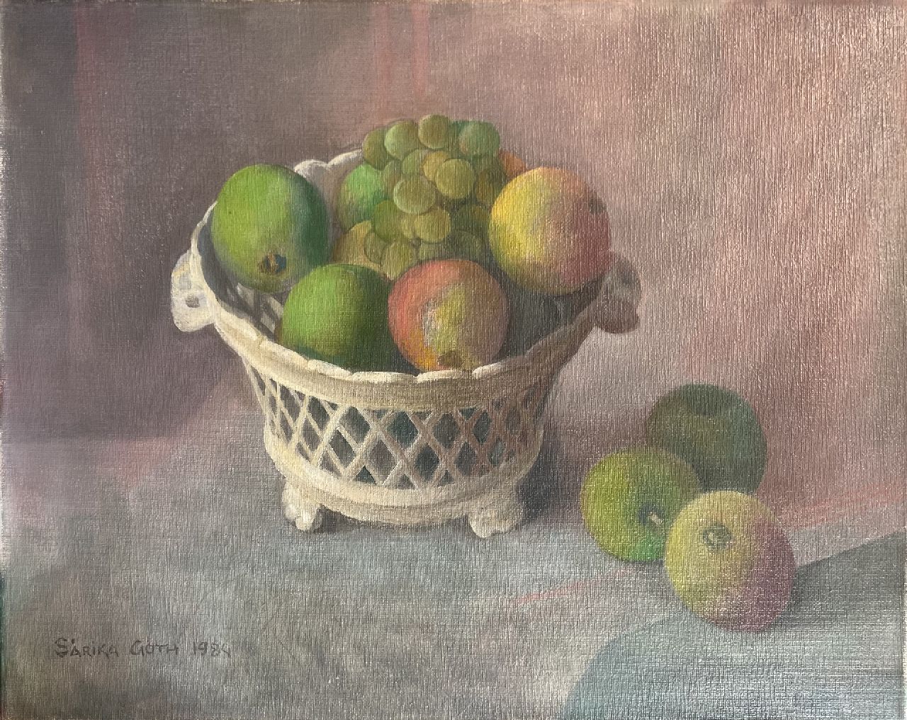 Góth C. | Charlotte 'Sarika' Góth | Gemälde zum Verkauf angeboten | Stillleben mit Früchten in einem weißen Korb, Öl auf Leinwand 40,0 x 49,8 cm, Unterzeichnet u.L. und datiert 1984 Góth C. | Charlotte 'Sarika' Góth | Gemälde zum Verkauf angeboten | Stillleben mit Früchten in einem weißen Korb, Öl auf Leinwand 40,0 x 49,8 cm, Unterzeichnet u.L. und datiert 1984