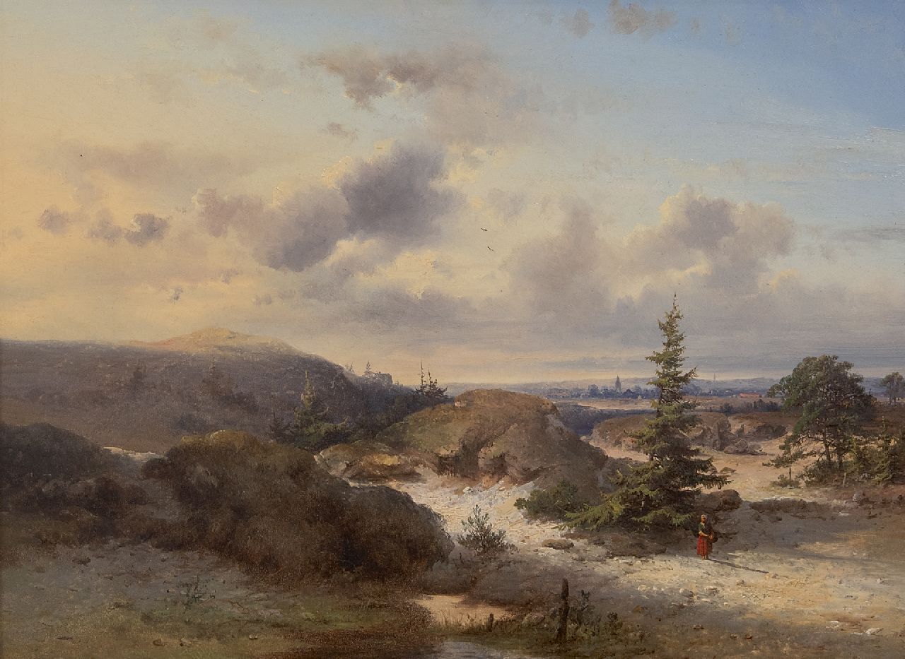Kluyver P.L.F. | 'Pieter' Lodewijk Francisco Kluyver | Gemälde zum Verkauf angeboten | Landschaft mit einer spazierenden Frau, Dorf im Hintergrund, Öl auf Holz 34,0 x 47,0 cm, Unterzeichnet u.L. Kluyver P.L.F. | 'Pieter' Lodewijk Francisco Kluyver | Gemälde zum Verkauf angeboten | Landschaft mit einer spazierenden Frau, Dorf im Hintergrund, Öl auf Holz 34,0 x 47,0 cm, Unterzeichnet u.L.