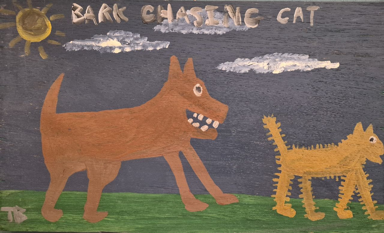 Brown T. | Timothy 'Tim' Brown | Gemälde zum Verkauf angeboten | Bark chasing cat, Öl auf Holz 30,2 x 50,3 cm, Unterzeichnet u.l. Brown T. | Timothy 'Tim' Brown | Gemälde zum Verkauf angeboten | Bark chasing cat, Öl auf Holz 30,2 x 50,3 cm, Unterzeichnet u.l.