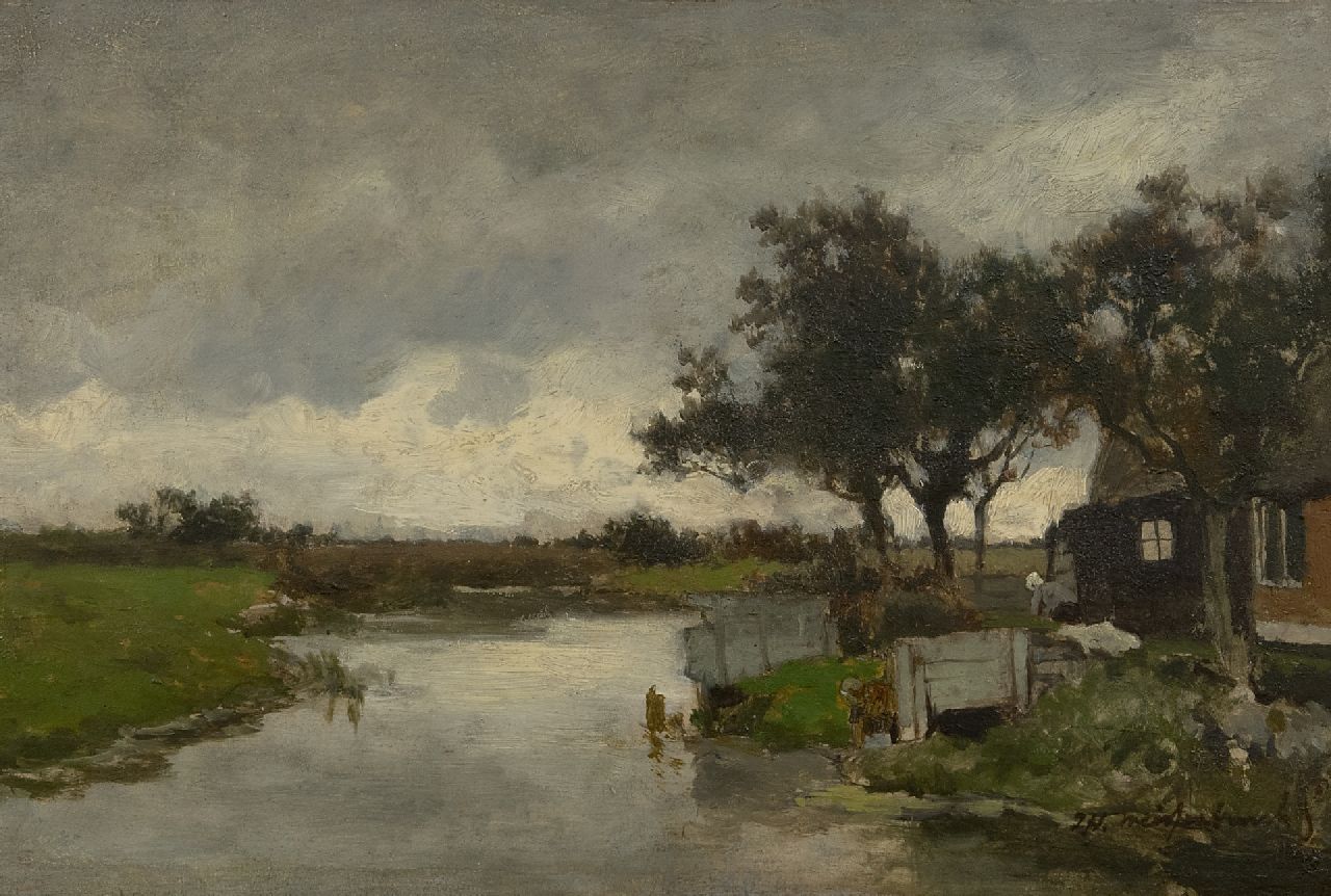 Weissenbruch H.J.  | Hendrik Johannes 'J.H.' Weissenbruch | Gemälde zum Verkauf angeboten | Waschtag (Mögliche Aussicht vom Hinterhof des Gasthauses 'Het Vliegende Paard', Nieuwkoop), Öl auf Holz 23,9 x 36,1 cm, Unterzeichnet u.r