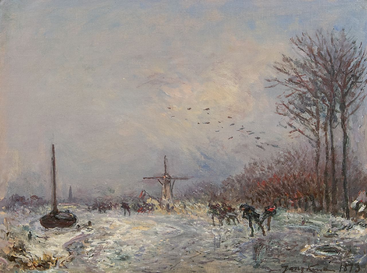 Jongkind J.B. | Johan Barthold Jongkind | Gemälde zum Verkauf angeboten | Holländischer Kanal mit Schlittschuhläufern, Öl auf Leinwand 25,2 x 35,3 cm, Unterzeichnet u.r. und datiert 1873 Jongkind J.B. | Johan Barthold Jongkind | Gemälde zum Verkauf angeboten | Holländischer Kanal mit Schlittschuhläufern, Öl auf Leinwand 25,2 x 35,3 cm, Unterzeichnet u.r. und datiert 1873
