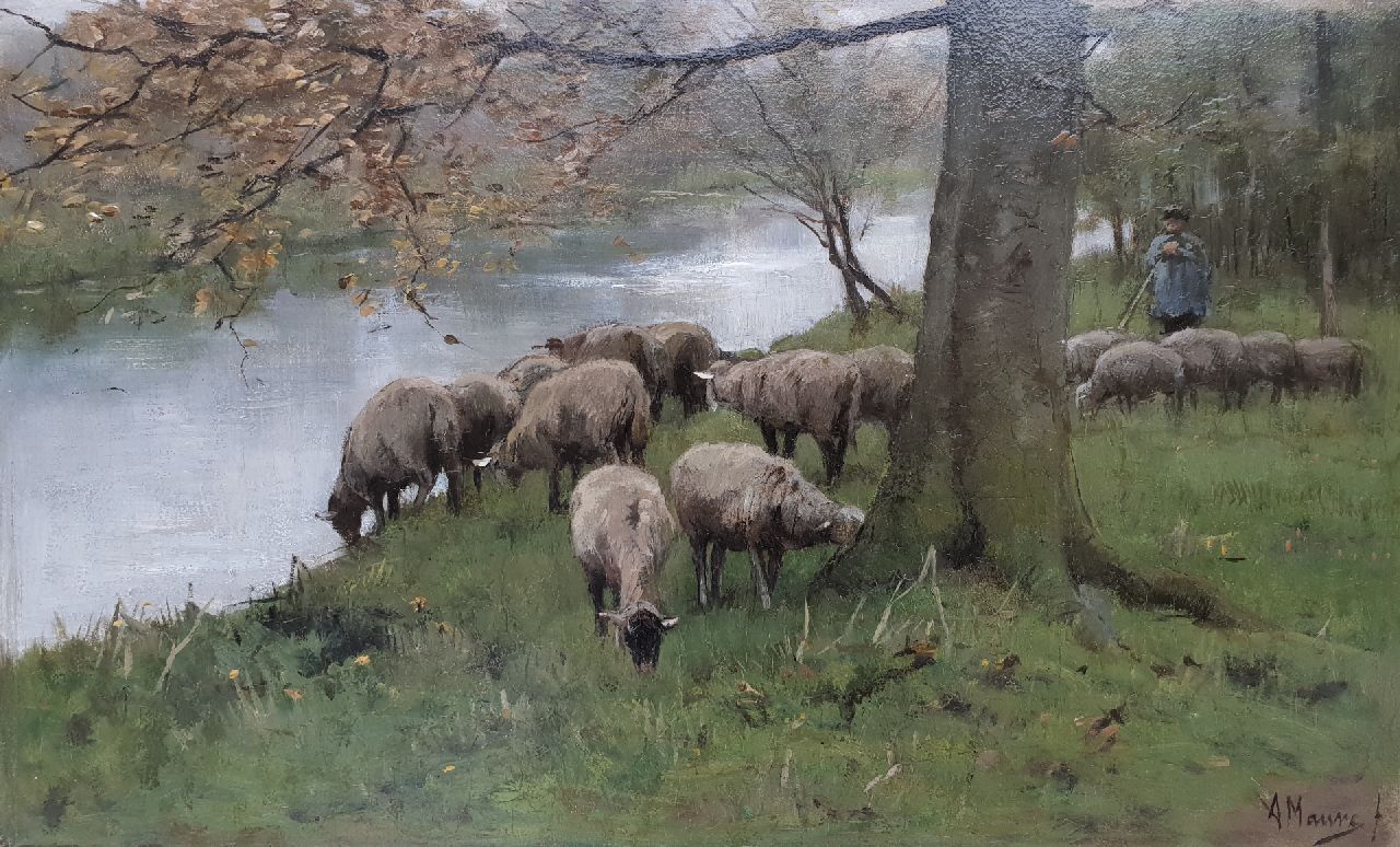 Mauve A.  | Anthonij 'Anton' Mauve | Gemälde zum Verkauf angeboten | Schafe am Kanal, Öl auf Holz 25,1 x 41,0 cm, Unterzeichnet u.r.
