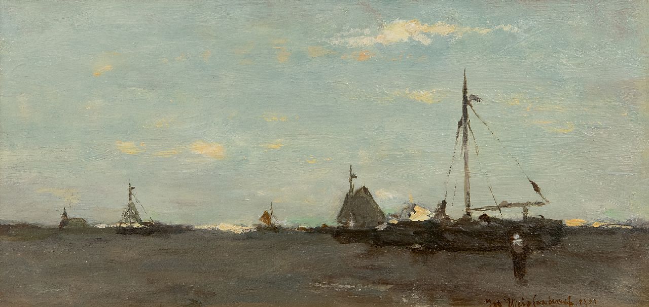 Weissenbruch H.J. | Hendrik Johannes 'J.H.' Weissenbruch | Gemälde zum Verkauf angeboten | Gestrandete Bombenschiffe am Strand von Scheveningen bei Ebbe, Öl auf Holz 15,6 x 31,2 cm, Unterzeichnet u.r. und datiert 1901 Weissenbruch H.J. | Hendrik Johannes 'J.H.' Weissenbruch | Gemälde zum Verkauf angeboten | Gestrandete Bombenschiffe am Strand von Scheveningen bei Ebbe, Öl auf Holz 15,6 x 31,2 cm, Unterzeichnet u.r. und datiert 1901
