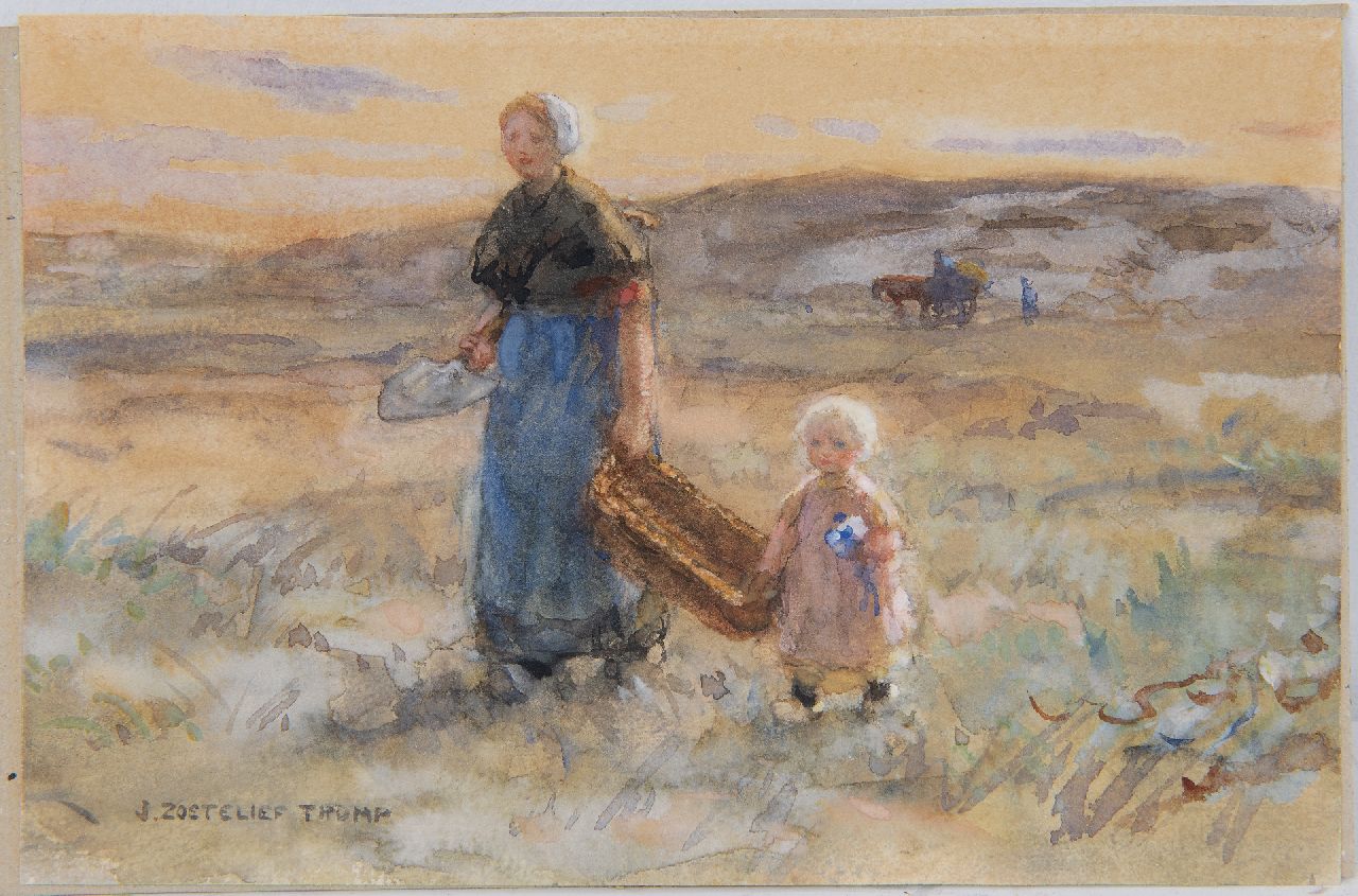 Zoetelief Tromp J.  | Johannes 'Jan' Zoetelief Tromp, Mutter und Kind in den Dünen, Aquarell auf Papier 15,6 x 23,2 cm, Unterzeichnet u.l.
