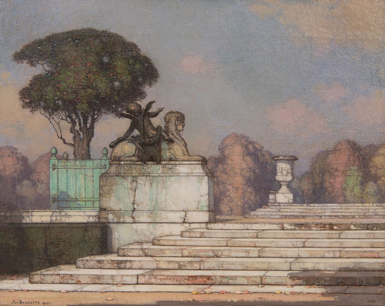 Bogaerts J.J.M. | Johannes Jacobus Maria 'Jan' Bogaerts, Statuen im Garten von Versailles, Öl auf Leinwand 32,5 x 39,7 cm, Unterzeichnet u.l. und datiert 1915 Bogaerts J.J.M. | Johannes Jacobus Maria 'Jan' Bogaerts, Statuen im Garten von Versailles, Öl auf Leinwand 32,5 x 39,7 cm, Unterzeichnet u.l. und datiert 1915