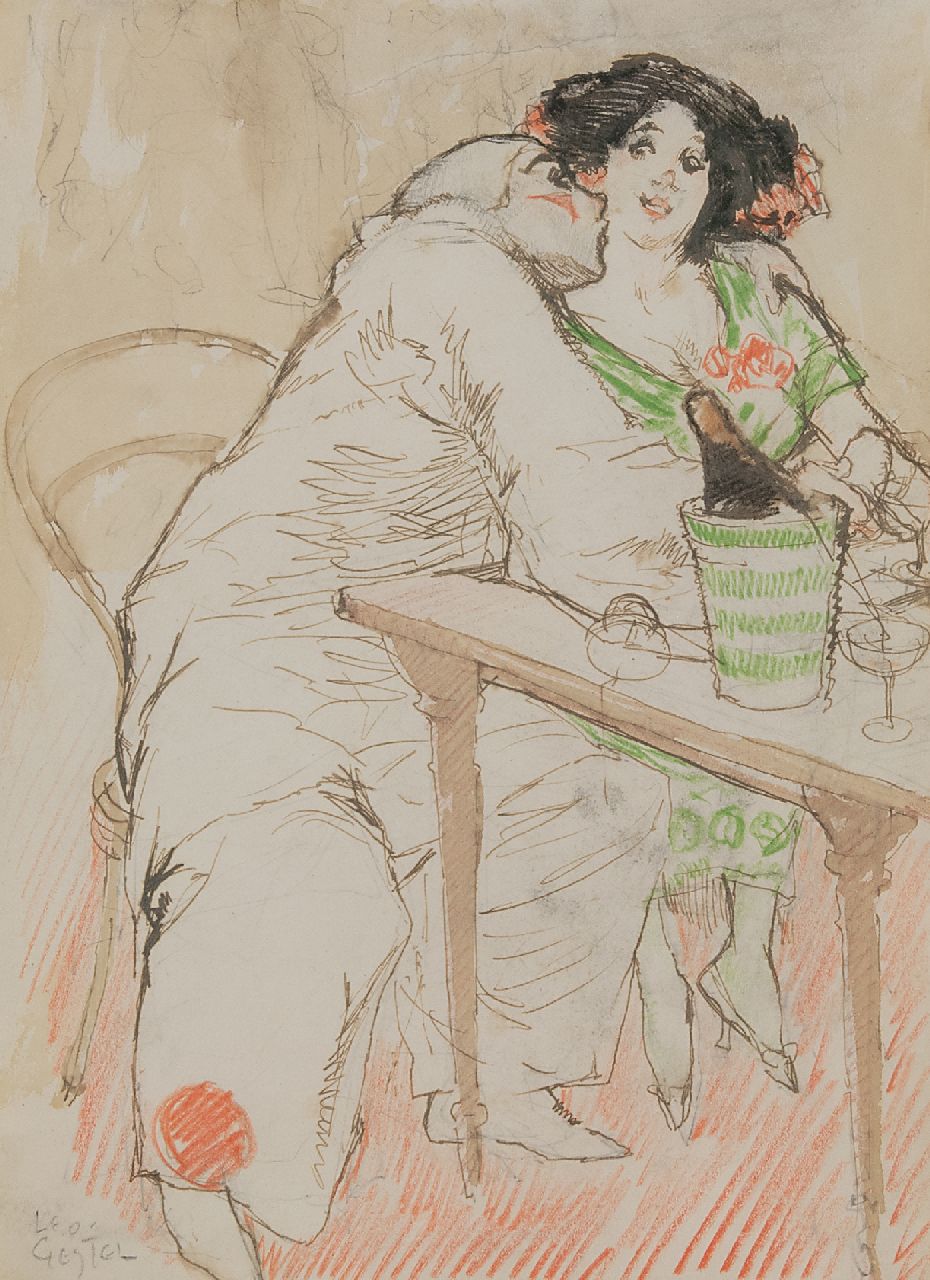 Gestel L.  | Leendert 'Leo' Gestel |  zum Verkauf angeboten | Café-Szene mit Pierrot, pencil, ink and chalk on paper 30,0 x 22,0 cm, Unterzeichnet u.L. und zu datieren um 1908