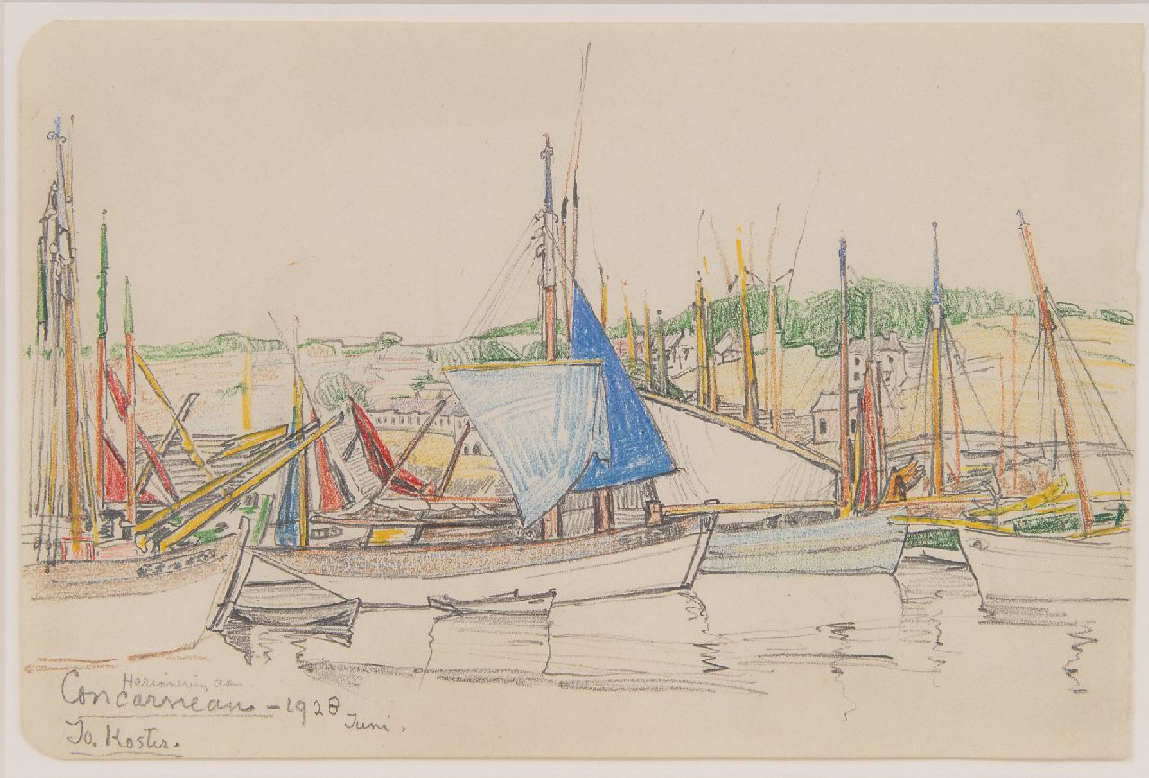 Koster J.P.C.A. | Johanna Petronella Catharina Antoinetta 'Jo' Koster | Aquarelle und Zeichnungen zum Verkauf angeboten | Erinnerung an Concarneau, Bleistift und Farbkreide auf Papier 17,0 x 25,5 cm, Unterzeichnet u.l. und datiert juni 1928 Koster J.P.C.A. | Johanna Petronella Catharina Antoinetta 'Jo' Koster | Aquarelle und Zeichnungen zum Verkauf angeboten | Erinnerung an Concarneau, Bleistift und Farbkreide auf Papier 17,0 x 25,5 cm, Unterzeichnet u.l. und datiert juni 1928