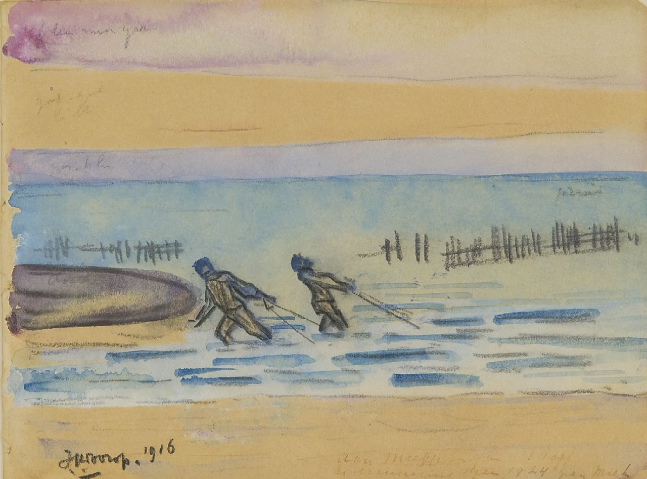 Toorop J.Th.  | Johannes Theodorus 'Jan' Toorop | Aquarelle und Zeichnungen zum Verkauf angeboten | Garnelenfischer, Seeland, Schwarze Kreide und Aquarell auf Papier 11,4 x 15,1 cm, Unterzeichnet u.l. und datiert 1916
