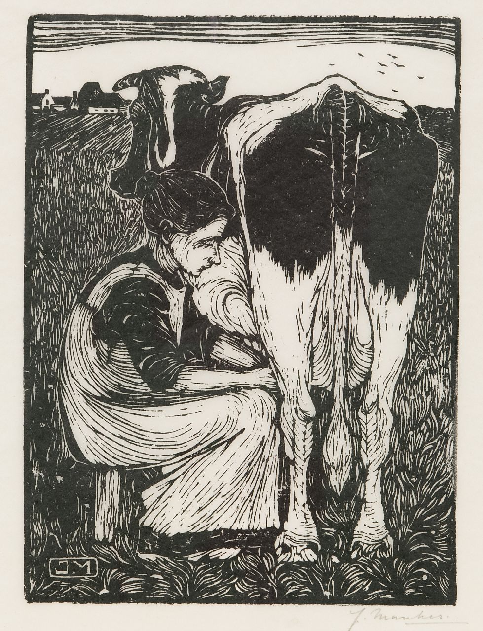 Mankes J. | Jan Mankes, Kuhmelkerin, Holzstich auf Papier 20,5 x 16,2 cm, Unterzeichnet u.r. mit vollem Namen und Mon. im Block Mankes J. | Jan Mankes, Kuhmelkerin, Holzstich auf Papier 20,5 x 16,2 cm, Unterzeichnet u.r. mit vollem Namen und Mon. im Block
