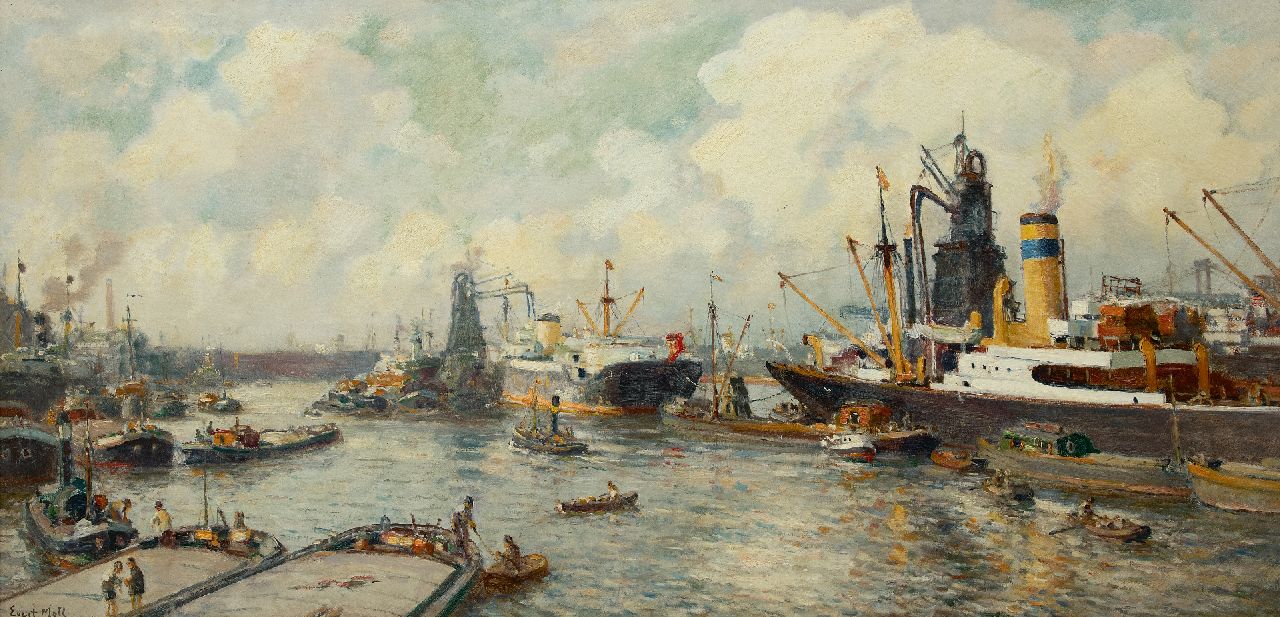 Moll E. | Evert Moll, Blick auf den Maashaven, Rotterdam, Öl auf Leinwand 81,0 x 164,5 cm, Unterzeichnet l.u. Moll E. | Evert Moll, Blick auf den Maashaven, Rotterdam, Öl auf Leinwand 81,0 x 164,5 cm, Unterzeichnet l.u.