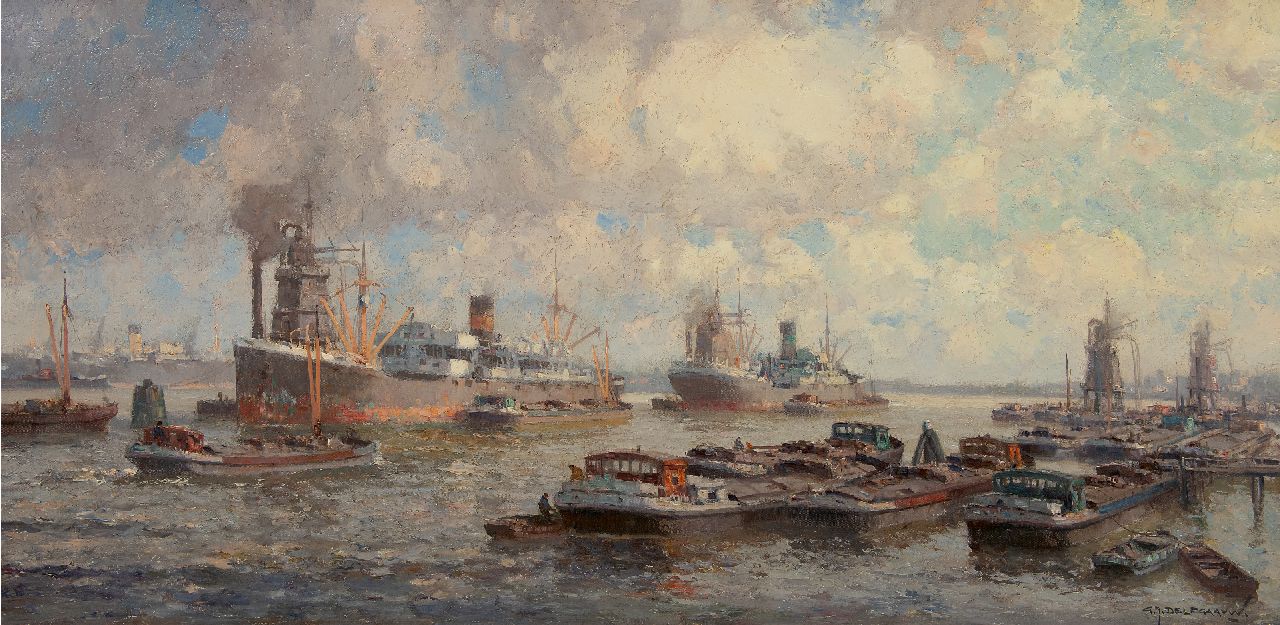 Delfgaauw G.J. | Gerardus Johannes 'Gerard' Delfgaauw, Der Hafen von Rotterdam, Öl auf Leinwand 60,6 x 120,7 cm, Unterzeichnet u.r. und ohne Rahmen Delfgaauw G.J. | Gerardus Johannes 'Gerard' Delfgaauw, Der Hafen von Rotterdam, Öl auf Leinwand 60,6 x 120,7 cm, Unterzeichnet u.r. und ohne Rahmen