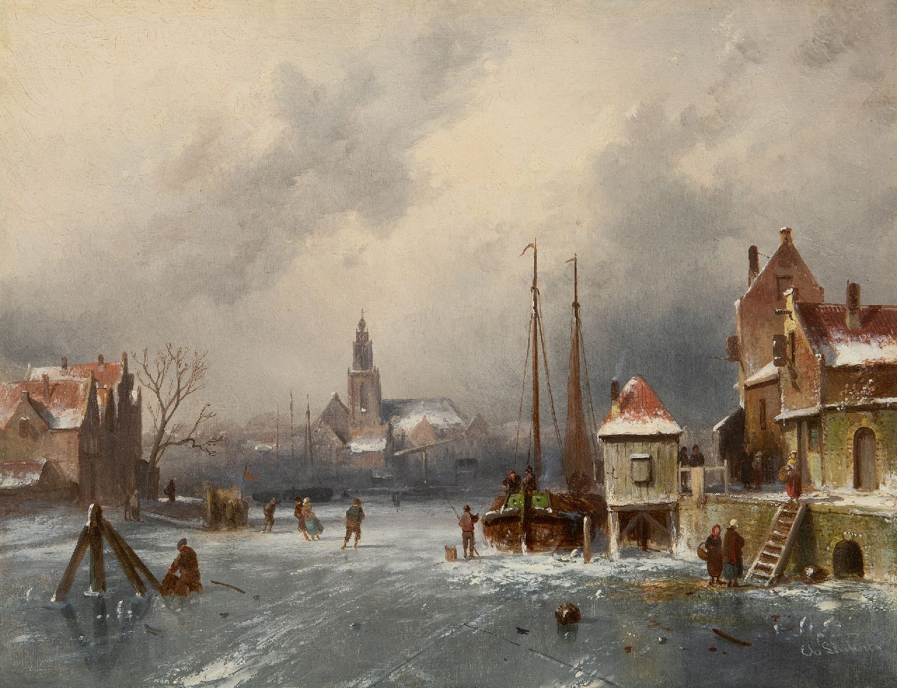 Leickert C.H.J. | 'Charles' Henri Joseph Leickert, Stadtansicht im Winter mit Schlittschuhläufern und ein 'koek-en-zopietent', Öl auf Holz 31,6 x 41,0 cm, Unterzeichnet u.r. Leickert C.H.J. | 'Charles' Henri Joseph Leickert, Stadtansicht im Winter mit Schlittschuhläufern und ein 'koek-en-zopietent', Öl auf Holz 31,6 x 41,0 cm, Unterzeichnet u.r.