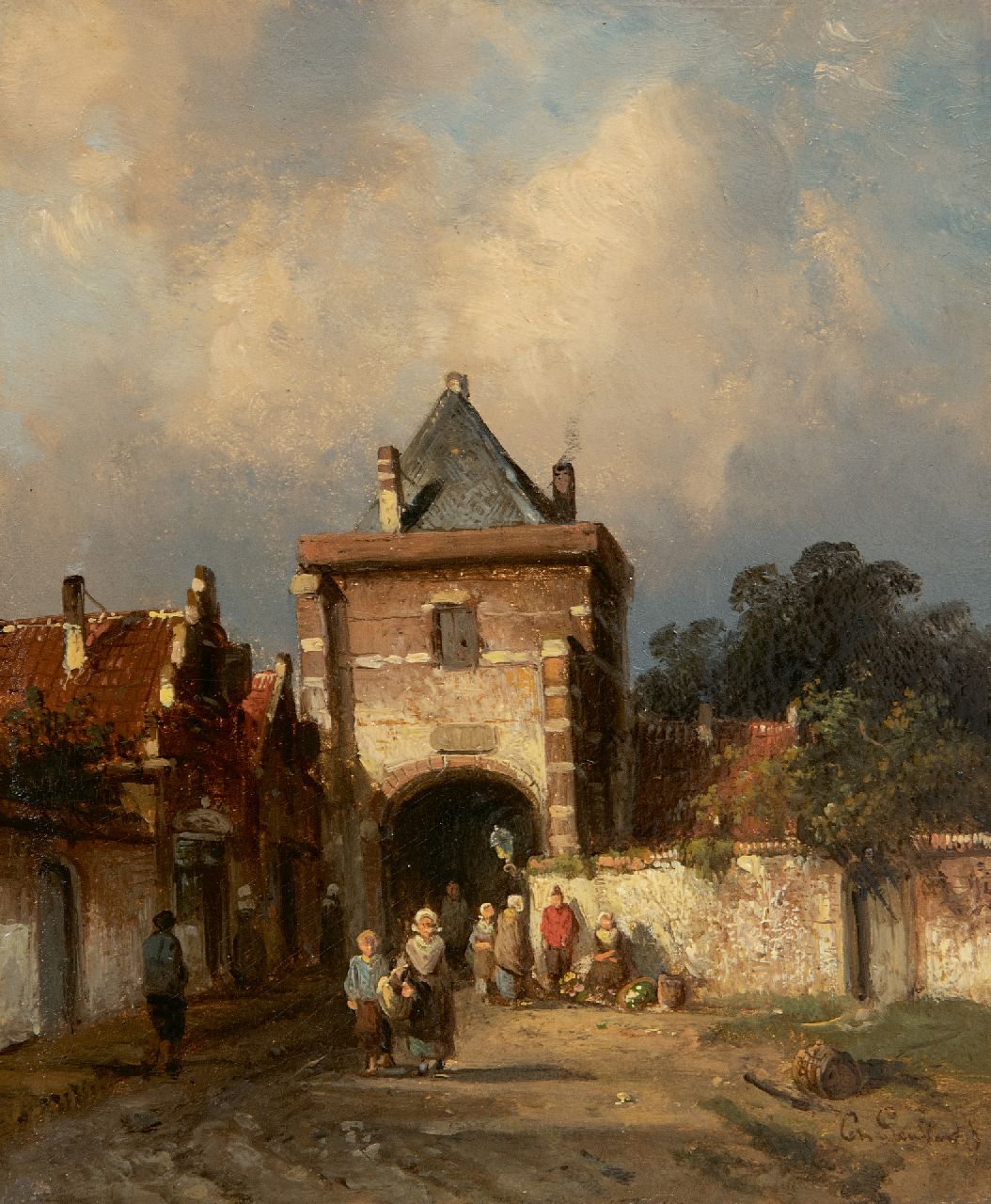 Leickert C.H.J.  | 'Charles' Henri Joseph Leickert | Gemälde zum Verkauf angeboten | Holländisches Stadtportal mit Figuren bei einer Gemüsehändlerin, Öl auf Holz 16,3 x 13,8 cm, Unterzeichnet u.r. und ca. 1855